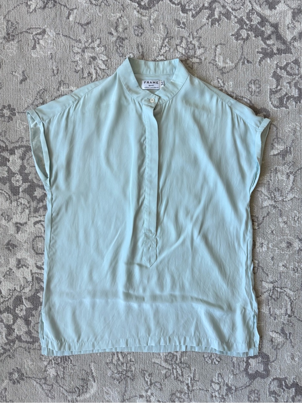 Frame Denim Light Blue Silk Short-Sleeve Mandarin Collar Blouse - Size XS
